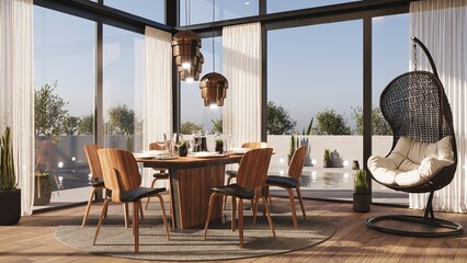 Dining table and chairs. Terrace view. Table setting for lunch or dinner. 3D render. 
Wicker Hanging Chair Egg for Leisure