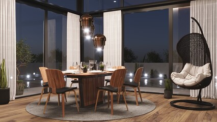 Dining table and chairs. Terrace view. Table setting for lunch or dinner. 3D render. 
Wicker Hanging Chair Egg for Leisure