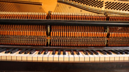 The anterior view of an exposed upright/vertical piano and its inner strings and components