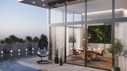 Private house with swimming pool. House in modern style. Armchair egg next to the pool. 3d render
