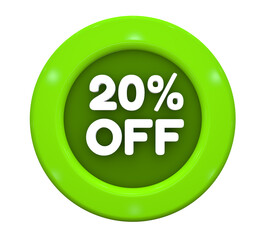 3D Illustration. Button with text: 20% off. Special Offer for big sales. White text on a green background.