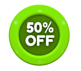 3D Illustration. Button with text: 50% off. Special Offer for big sales. White text on a green background.