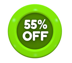 3D Illustration. Button with text: 55% off. Special Offer for big sales. White text on a green background.