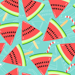 Vector seamless pattern with watermelon slices with coctail straws and ice cream sticks. Colorful hand-drawn repeatable background. Summer fruits with seeds backdrop. - 494784936