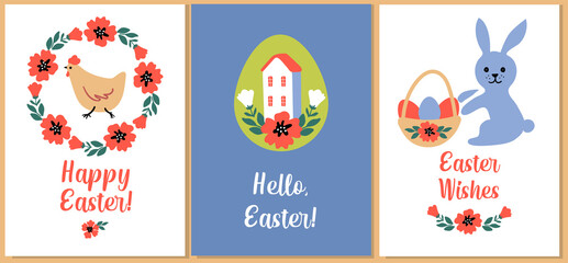 Fototapeta na wymiar Easter card templates set with vector illustration: chicken, bunny, flowers, eggs