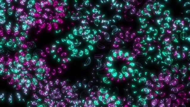 Animated video of abstract random glowing circles appear and evolve then fade to black