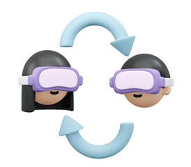 3D Rendering of boy and girl with VR metaverse glasses and golbal icon concept of online technology worldwide exchange information isolate on white background. 3D Render illustration cartoon style.
