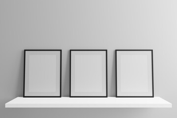 Clean white shelf with frames 3d render
