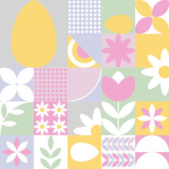 Wesołych Świąt Wielkanocnych - wiosenna mozaika z jajkami i kwiatami. Powtarzający się wzór na kartki świąteczne.
