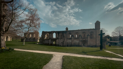Glastonbury Town, old castle ruins, and Glastonbury Tor. English County in Somerset.