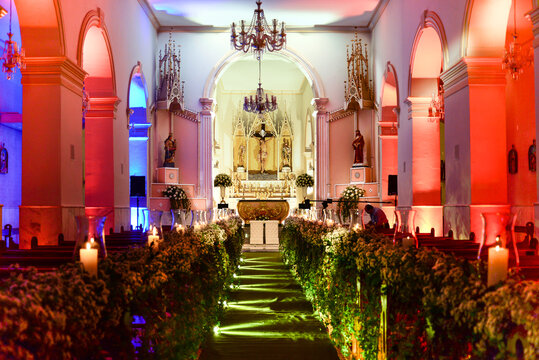 Church Interior With Wedding Decor And Stage Lights
