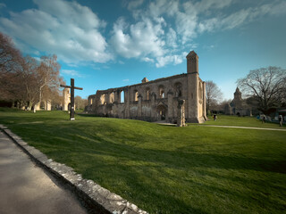 Glastonbury Town, old castle ruins, and Glastonbury Tor. English County in Somerset.