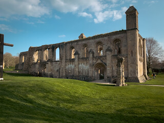 Glastonbury Town, old castle ruins, and Glastonbury Tor. English County in Somerset.