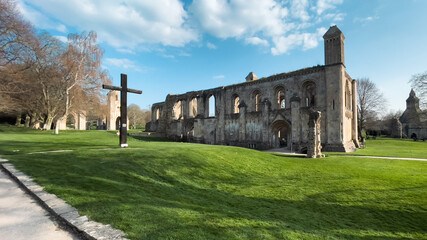 Glastonbury Town, old castle ruins, and Glastonbury Tor. English County in Somerset.