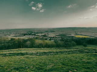 Glastonbury Town, old castle ruins, and Glastonbury Tor. English County in Somerset.