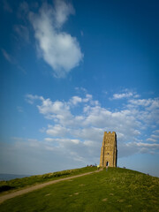 Glastonbury Town, old castle ruins, and Glastonbury Tor. English County in Somerset.