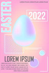 Easter poster 2022. Holographic Easter egg banner. Abstract morphism trendy design. Vector illustration in pastel colors with geometric decor. Retrowave style template. Cool modern concept. Isolated p