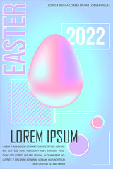 Easter design 2022. Holographic 3d Easter egg isolated on blue background. Trendy futuristic poster. Retrowave style neon template. Vector illustration. Pastel colors and abstract geometric decor