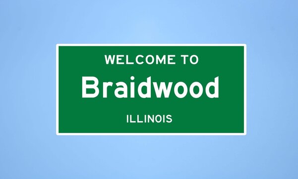 Braidwood, Illinois city limit sign. Town sign from the USA.