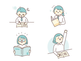 A character with a round face. Smart students are sitting at their desks and studying. outline simple vector illustration.