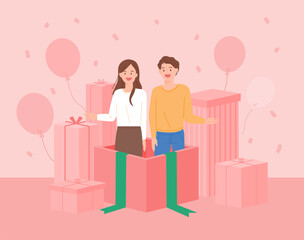 A man and a woman popped out of a large gift box. Gift boxes are stacked in the background. flat design style vector illustration.