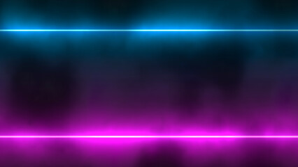 Abstract blue and purple bright neon lines in smoke on the black background.  - obrazy, fototapety, plakaty