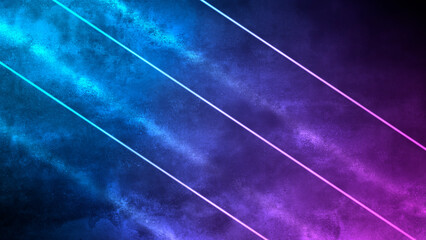 Abstract colorful neon lines in smoke on the background of an old concrete wall, purple and blue...