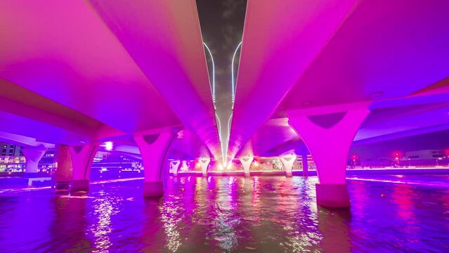 dubai city night illuminated famous canal fountain bridge panorama 4k time lapse uae