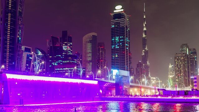 dubai city canal downtown traffic road fountain bridge panorama 4k time lapse uae