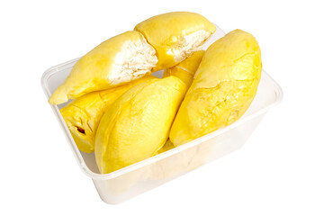 Fresh Organic Ripe Durian in a plastic container, King of Fruits which is the most popular in Thailand, isolated on white background. Clipping path