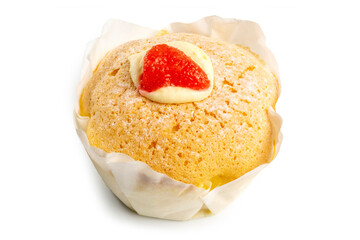 Japanese Soft Strawberry Sponge Cake Stuffed with Fresh Cream, isolated on white background. Clipping path