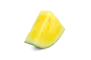 A piece of fresh juicy yellow watermelon on white background