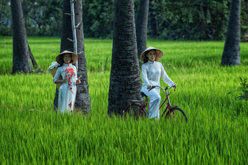 beautiful woman with Vietnam culture traditional dress, Ao dai and riding bicycle