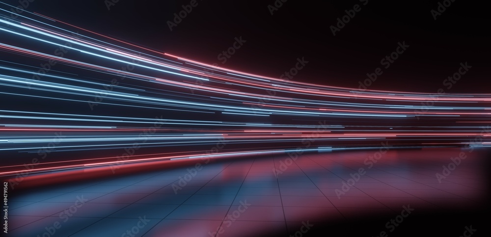 Sticker 3d rendering of curved blue and red light path trail on glossy reflection floor. concept of way to s