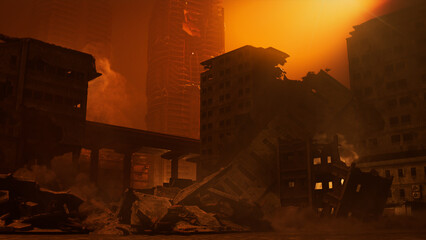 Destroyed City with Damaged Buildings. Warfare Concept.