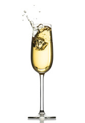 cube of ice falling to white wine or another golden yellow drink in a transparent glass with reflection isolated over white background