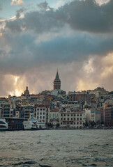 Fototapeta premium Panoramic photo of Galata Tower at sunset in Istanbul Turkey