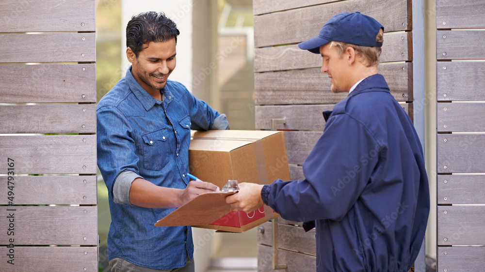 Sticker Delivery with a smile. A friendly delivery man delivering a package to a home.