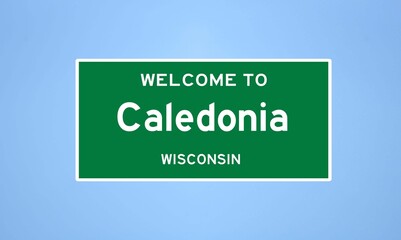 Caledonia, Wisconsin city limit sign. Town sign from the USA.