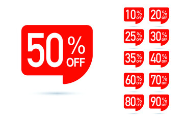 Sale tag speech bubble red shape with different discount set. 10, 20, 25, 30, 35, 40, 50, 60, 70, 80 and 90 percent price clearance sticker badge banner label vector illustration isolated. EPS 10.