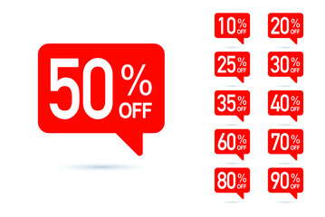 Sale tag speech bubble red shape with different discount set. 10, 20, 25, 30, 35, 40, 50, 60, 70, 80 and 90 percent price clearance sticker badge banner label vector illustration isolated. EPS 10.