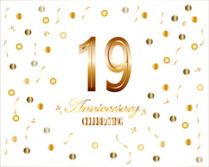 Golden numbers, 19 years anniversary celebration on white background. template for celebration.