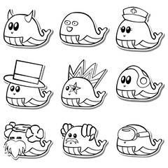 Black Line Nine Whale Cartoon Doodle on white silhouette and gray shadow. Vector illustration about marine life.
