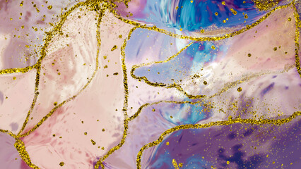 fancy abstract fluid art painting illustration with alcohol ink technique, red, purple and blue paint mix. Imitation of cut marble stone, accompanied by golden dots #5