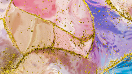 fancy abstract fluid art painting illustration with alcohol ink technique, red, purple and blue paint mix. Imitation of cut marble stone, accompanied by golden dots #4