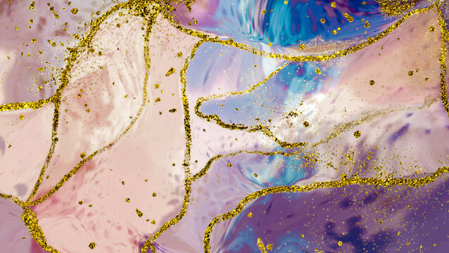 fancy abstract fluid art painting illustration with alcohol ink technique, red, purple and blue paint mix. Imitation of cut marble stone, accompanied by golden dots #5