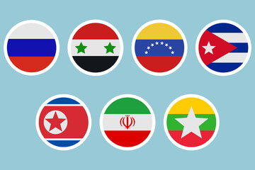 Obraz premium Flags of different countries. A set of stickers on a white backing. Collection of vector icons. Isolated background. Russia, Syria, Venezuela, Cuba, North Korea, Iran, Myanmar. National symbol