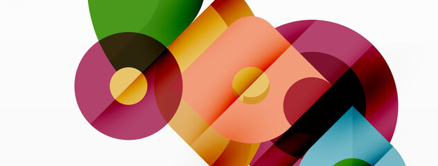 Obraz premium Colorful round shapes, circles and triangles background. Minimal geometric template for wallpaper, banner, presentation