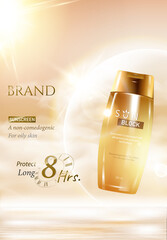 Mockup Skincare product. UV sunscreen rays protection cream or lotion in plastic tube, realistic vector illustration at blue sky background. Summer skin care cosmetic product template.