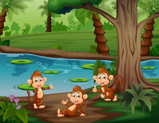 Obraz na płótnie Canvas Cute three monkeys playing by the river illustration